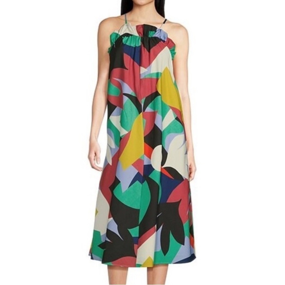 Corey Lynn Calter CORA Floral Halter Sleeveless Ruffle Midi Shift Dress Medium